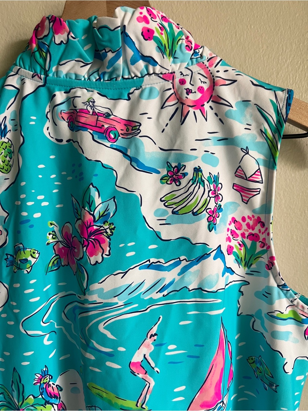 Aryeh Turquoise & Pink Tropical Print Ruffled Sleeveless Top UPF50+ Size S - Picture 5 of 13